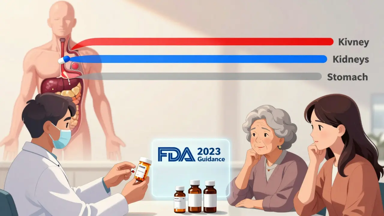 A pill's journey through different body types showing how absorption varies by sex and age