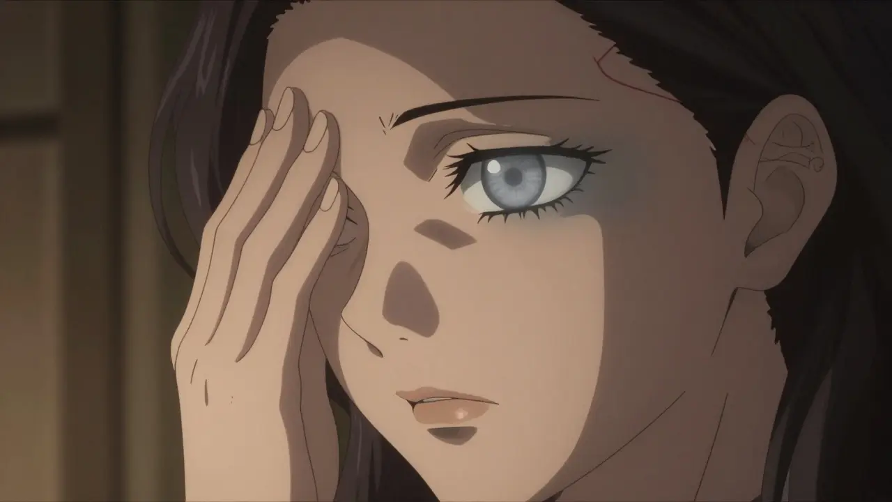 A woman with vision loss in one eye, showing gray haze and flickering light, representing retinal migraine.