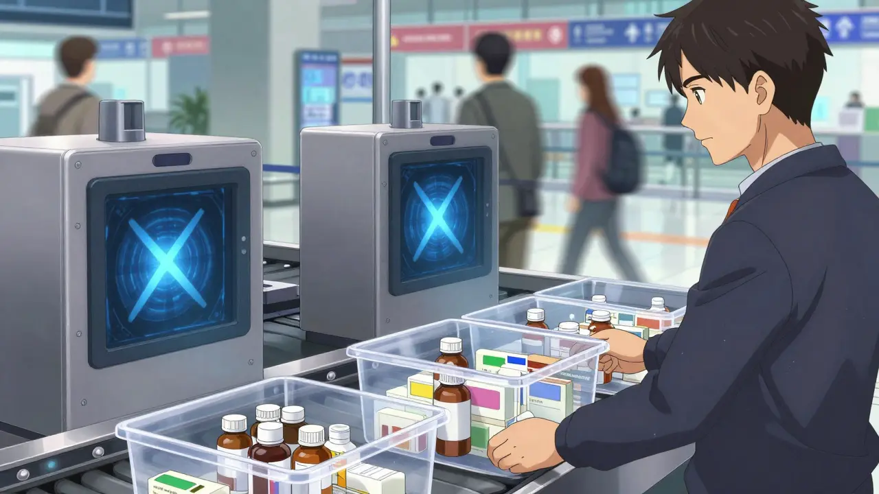 Anime traveler at airport security with medicine in bins