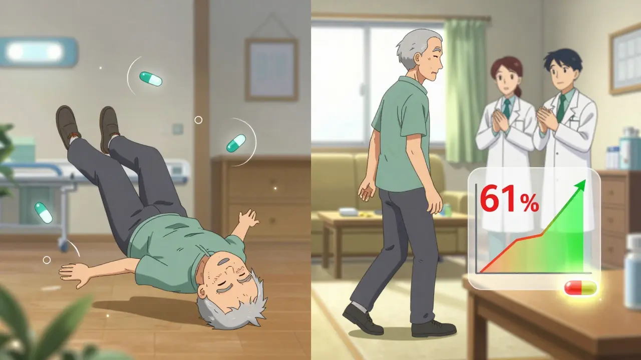 Before-and-after scene: elderly person falling versus walking confidently with balance training under pharmacist's guidance.