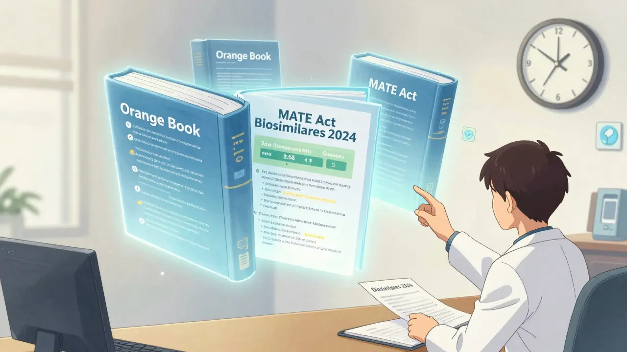 Floating educational books about generics and biosimilars above a doctor's desk