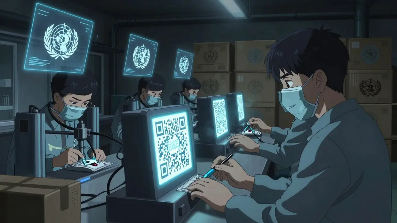 Hidden lab workers print counterfeit drug packaging using 3D printers under cold blue light.