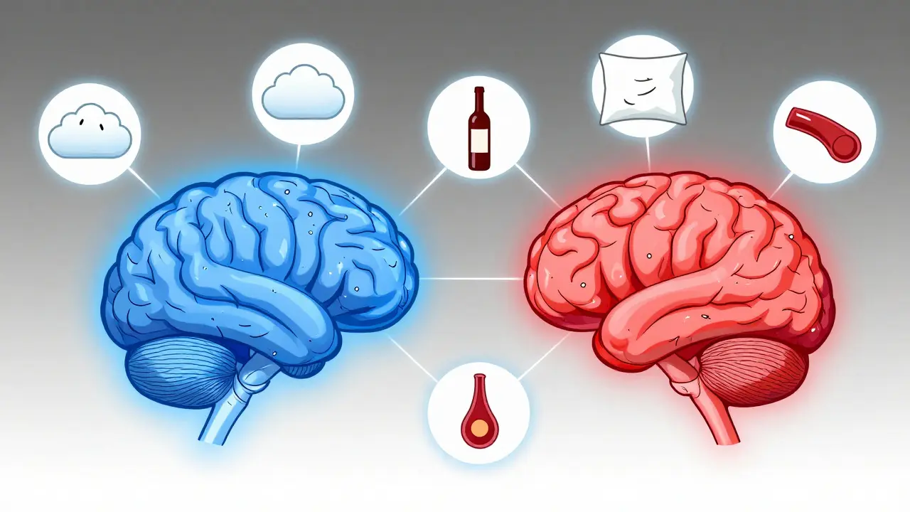 Medical illustration comparing brain aura and retinal blood flow triggers with icons for stress, sleep, and artery blockage.