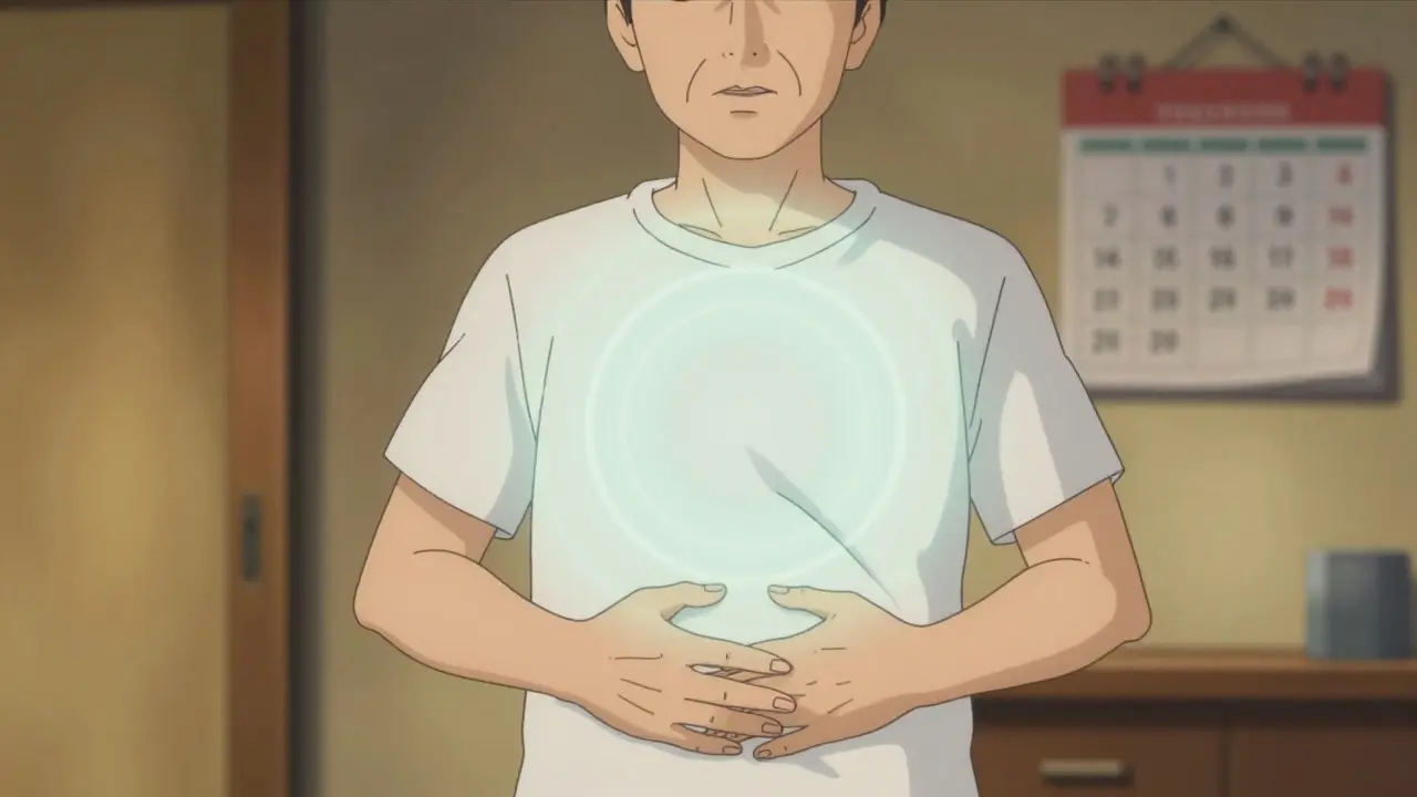 Person breathing deeply with light rings expanding outward