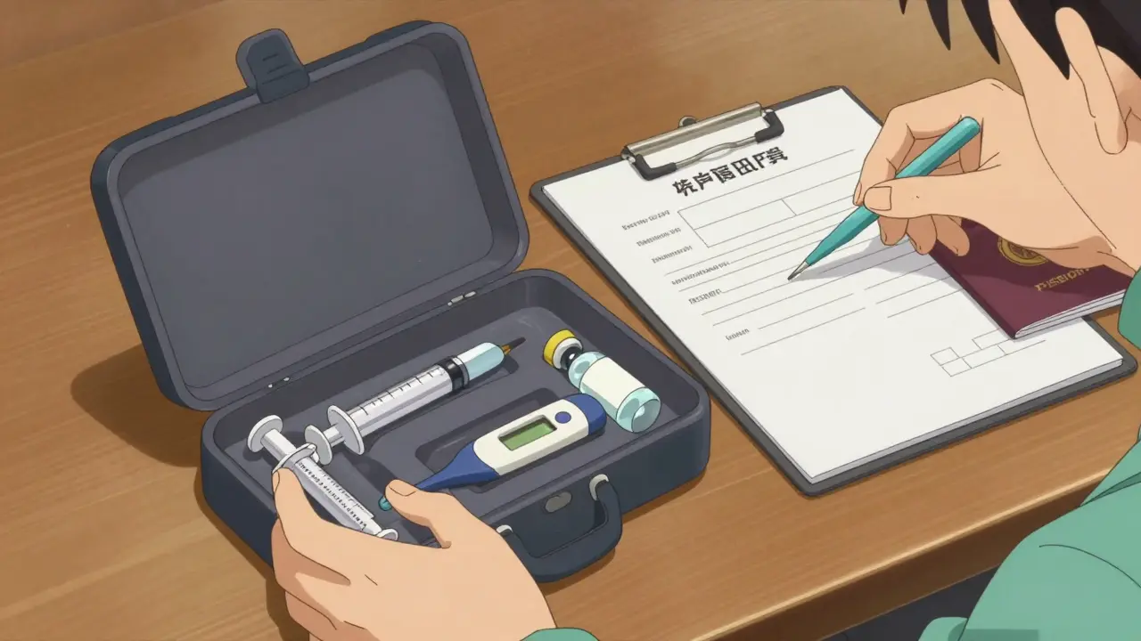 Person packing medical kit and documents at desk