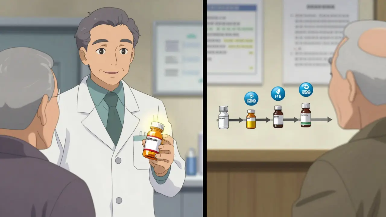 Pharmacist giving generic pill bottle to elderly patient with medication timeline above
