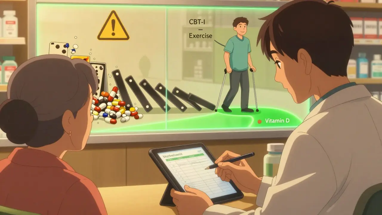 Pharmacist reviewing medication list with elderly woman, while safer alternatives glow beside them in a community pharmacy.