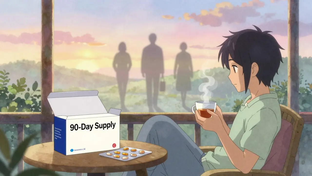 Someone relaxing at home with an open 90-day medication box, while shadowy pharmacy trips fade away.