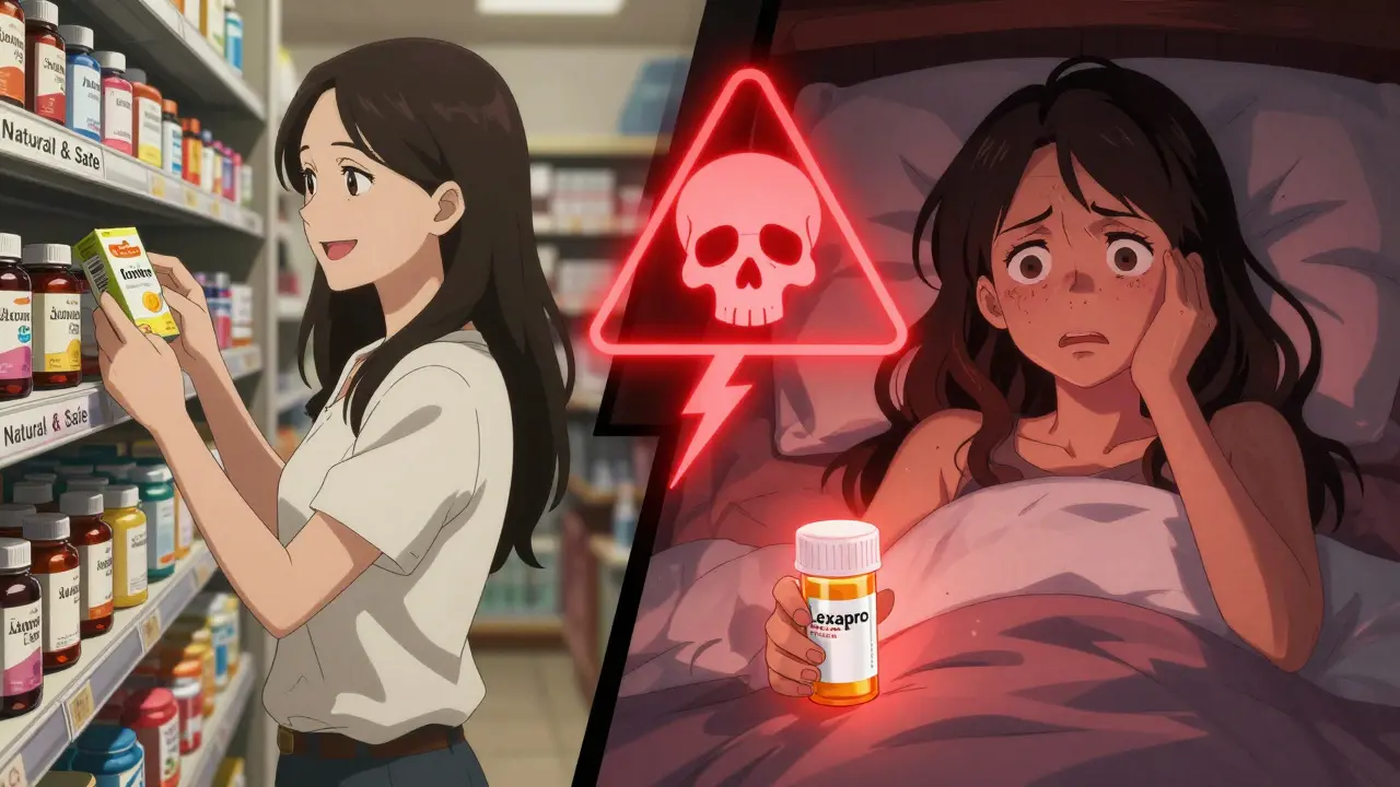 Split image: woman buying herbal supplement smiling, then later trembling in bed with SSRI bottle glowing ominously beside her.