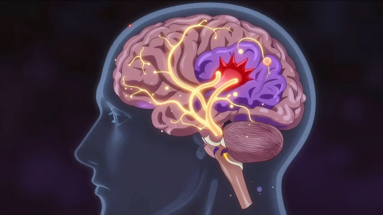 Translucent head silhouette showing glowing brain pathways