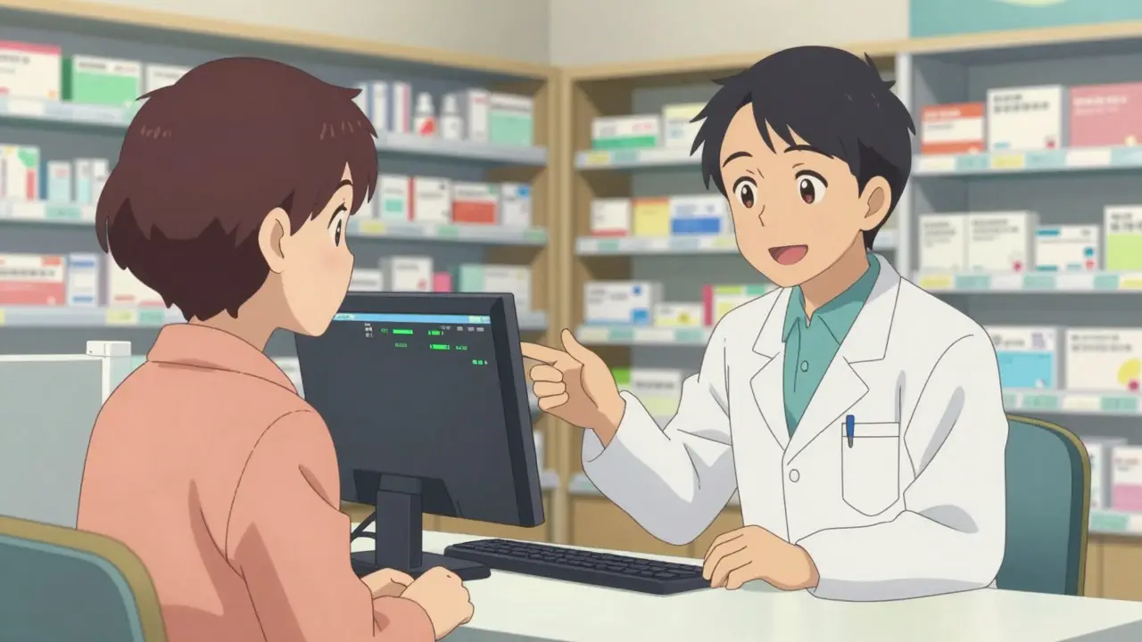 A patient consulting with a professional pharmacist in a clean pharmacy
