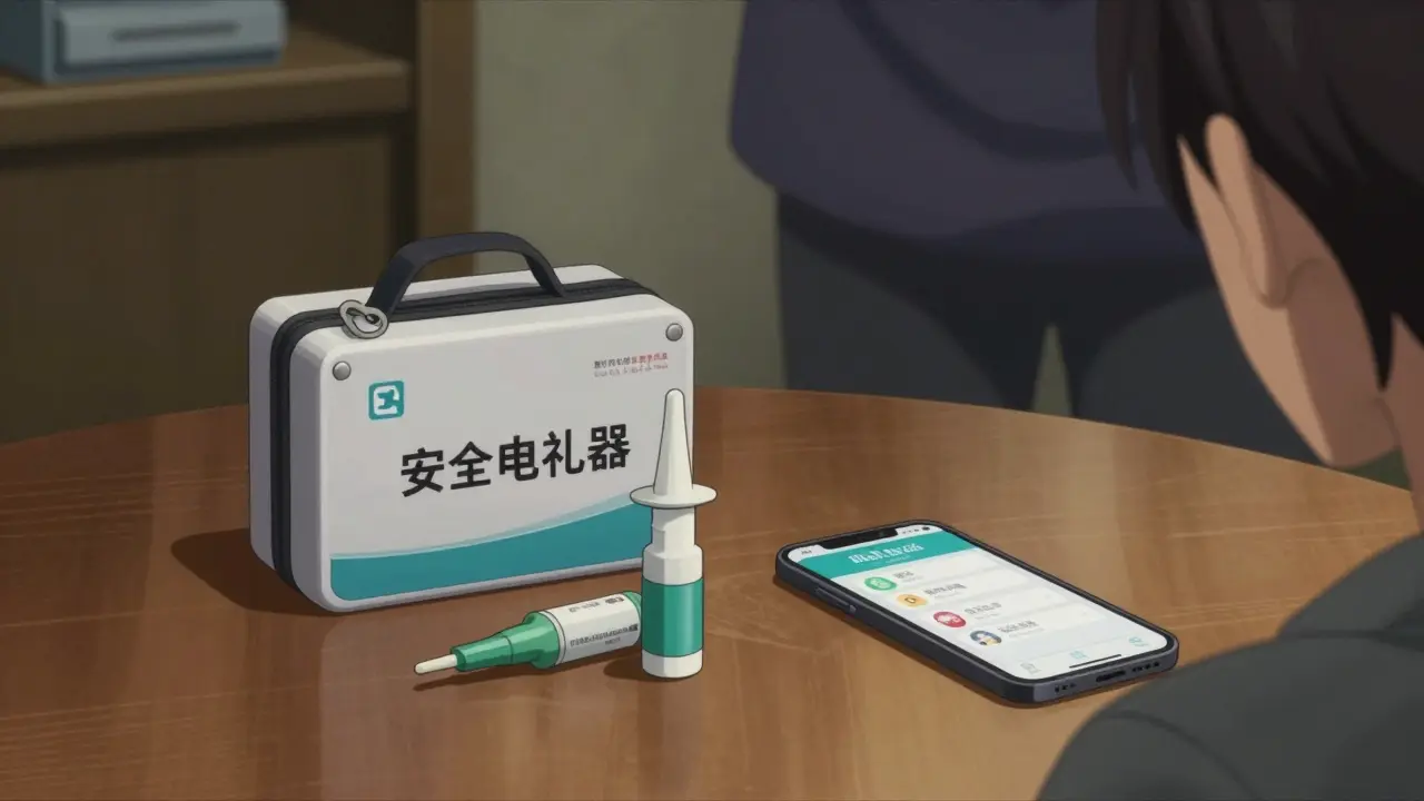 A safety kit with Naloxone and a phone, with a supportive person standing in the background.