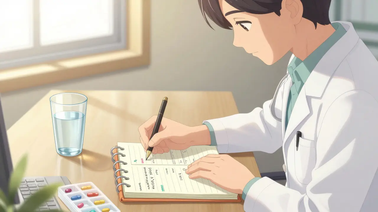Anime character calmly writing in a health log notebook at a desk in a sunlit room.