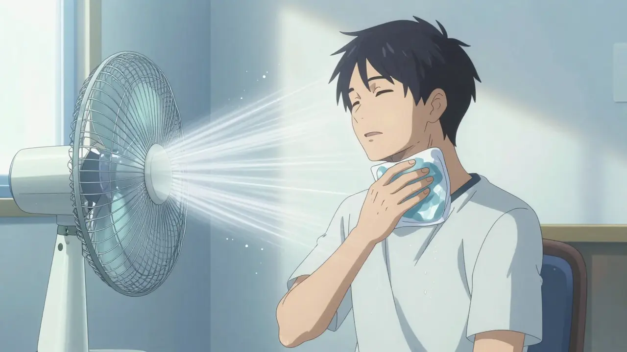 Anime character wearing moisture-wicking clothes and using a cooling fan for relief