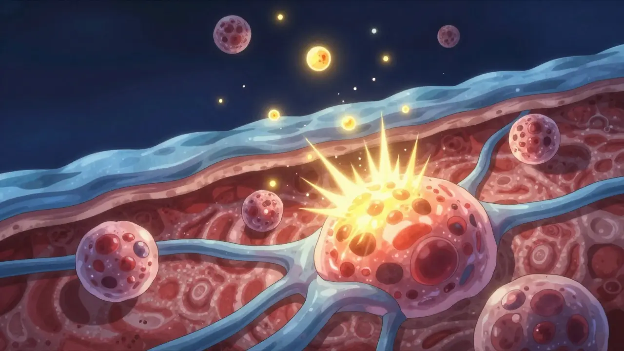 Anime conceptual illustration of mast cells releasing histamine particles in the skin