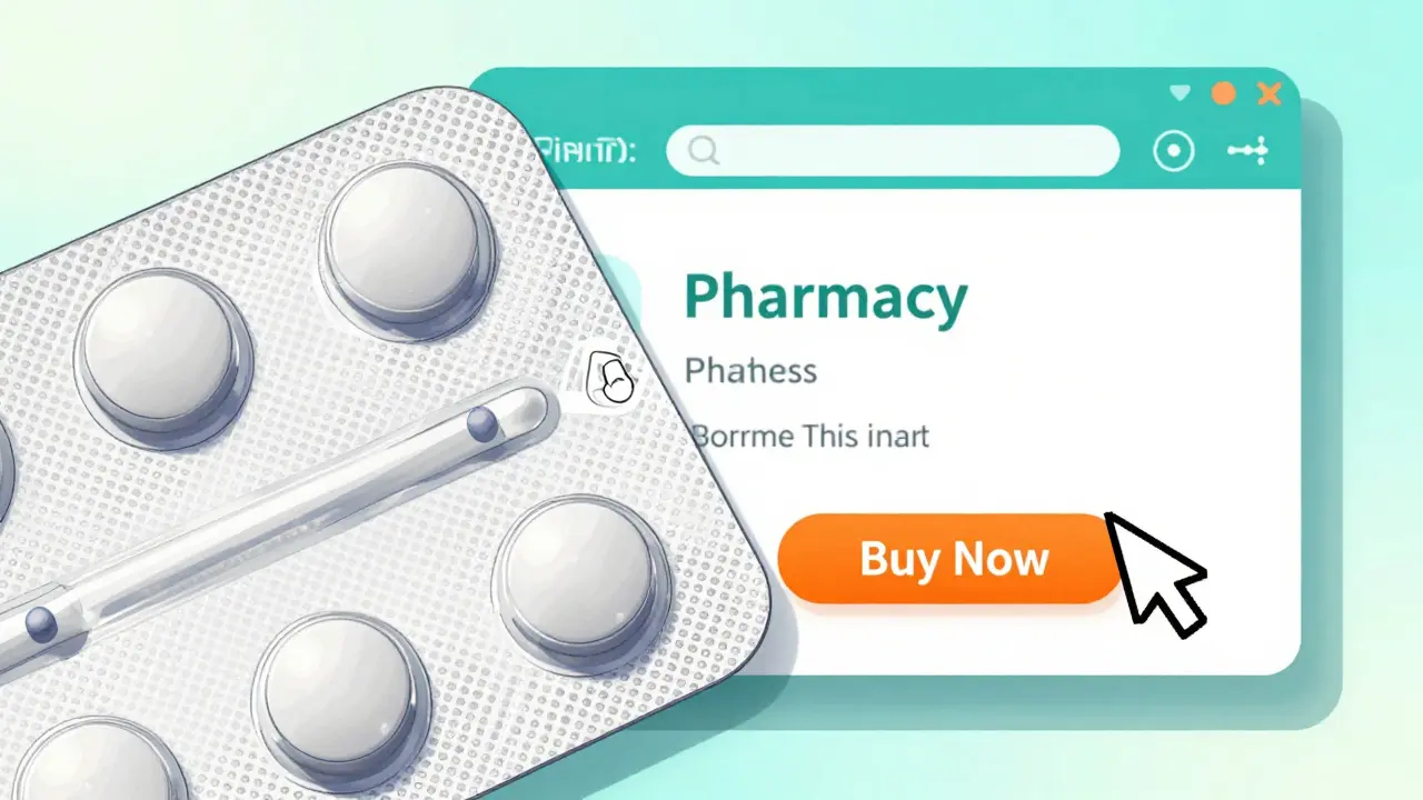 Anime illustration of a medication blister pack and an online pharmacy interface.