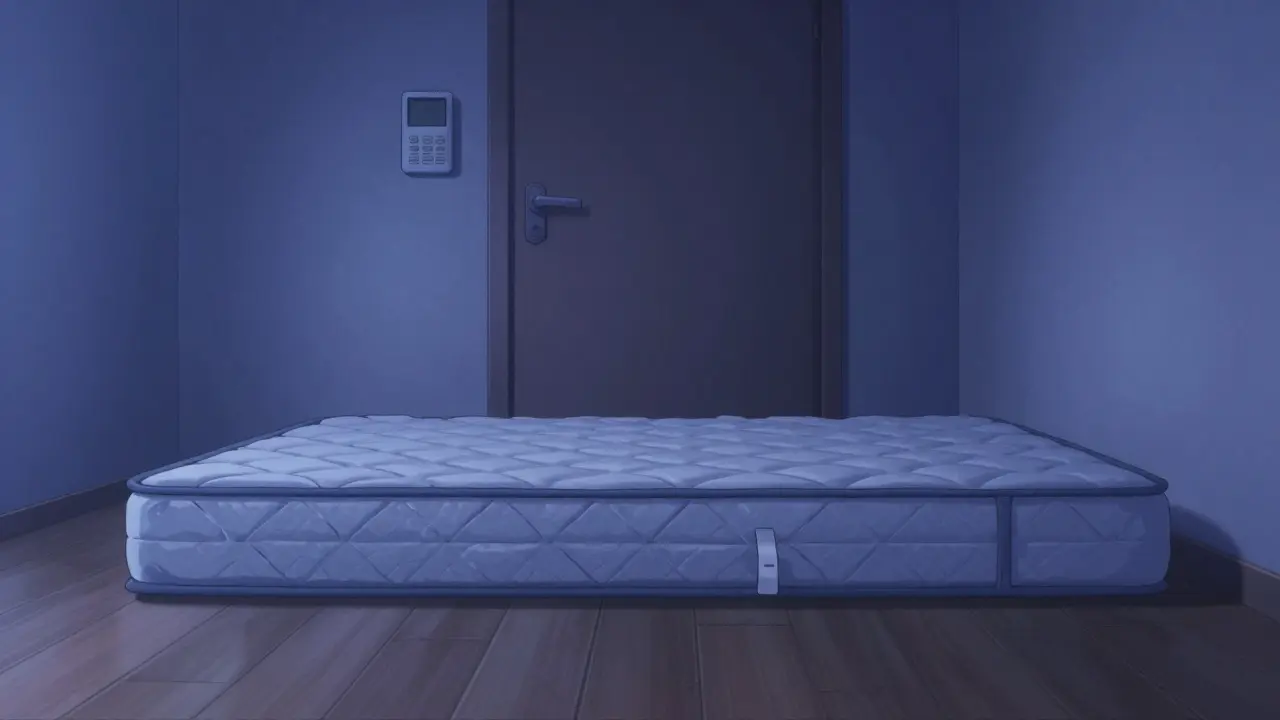 Anime style bedroom with a mattress on the floor and a door alarm for safety