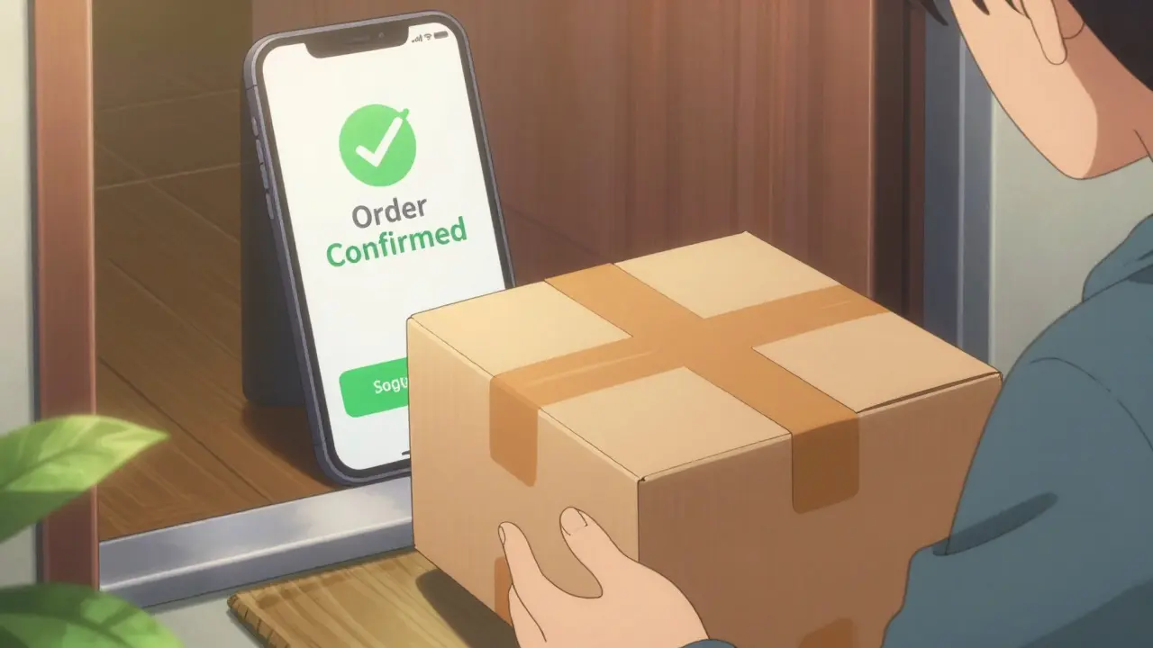Anime style delivery package on a doorstep with a confirmation screen on a smartphone
