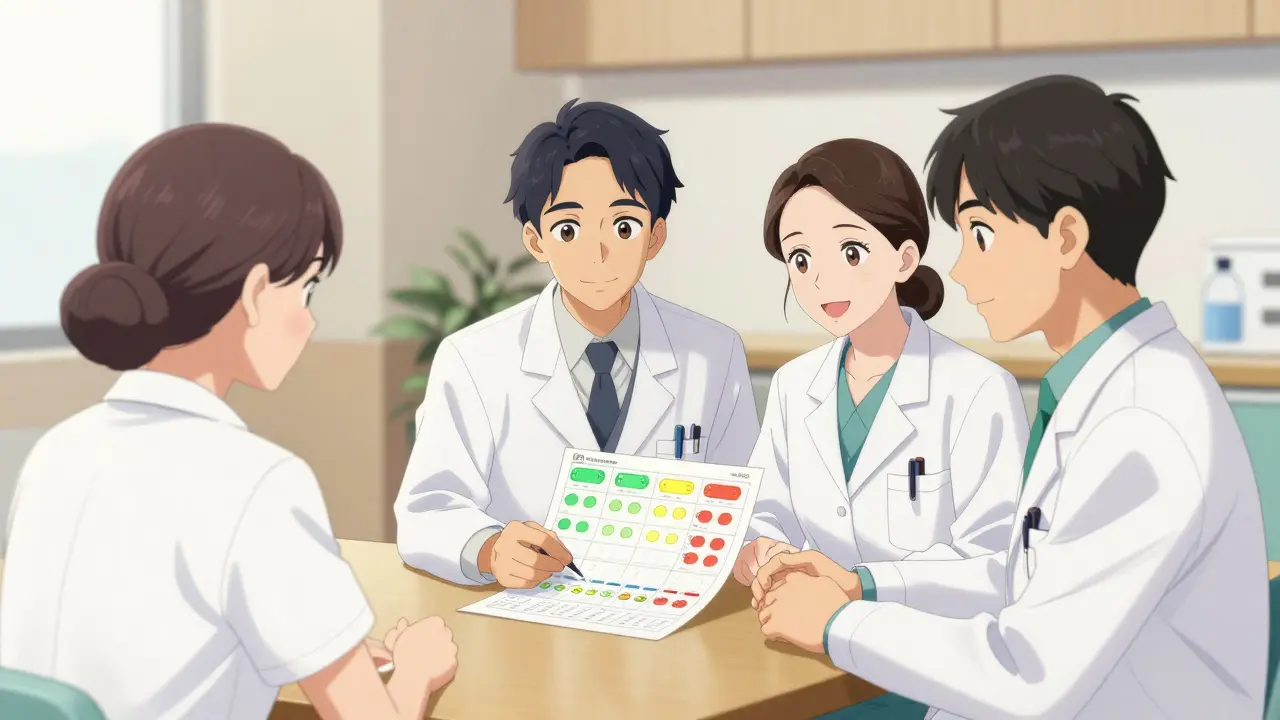 Anime style doctor and patient reviewing a medication safety chart with color-coded lights.