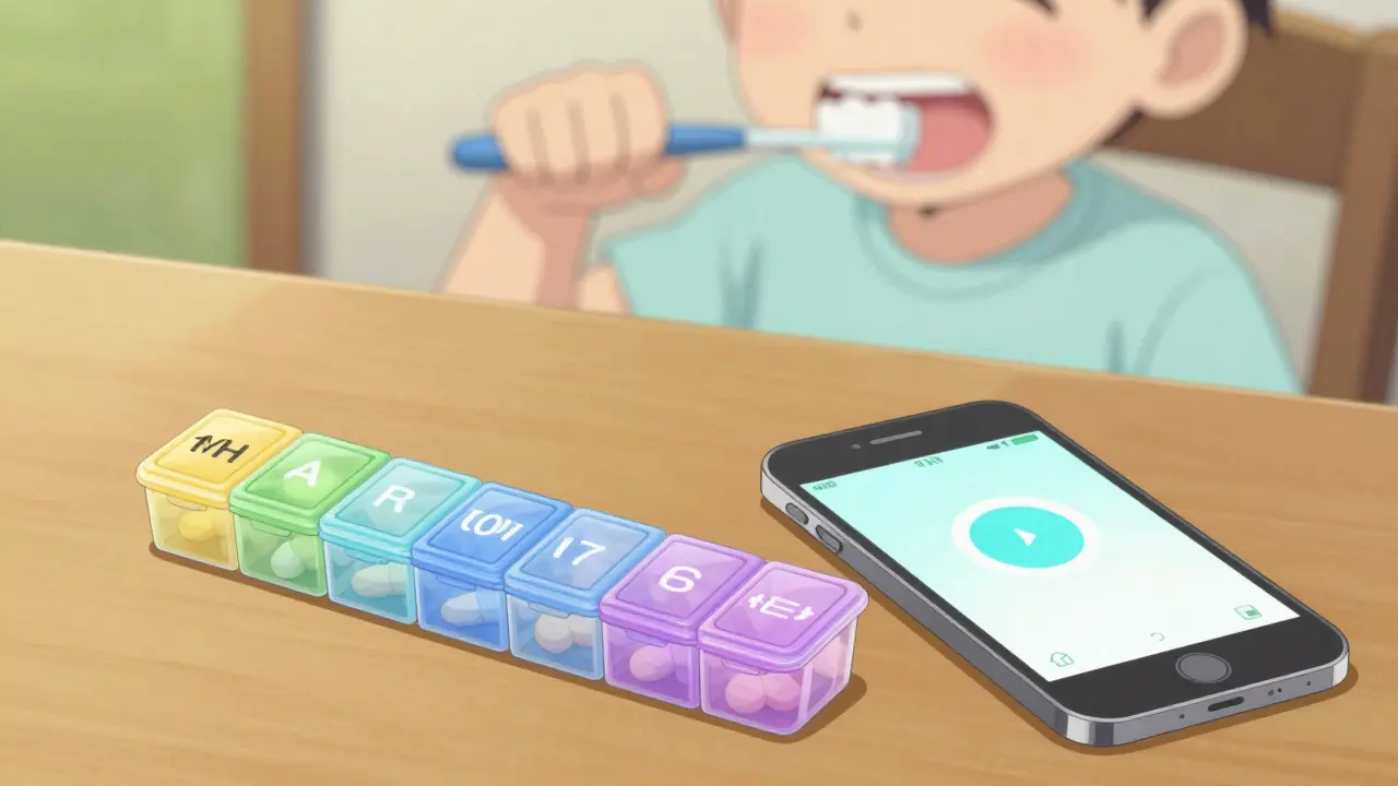 Anime style image of a weekly pill organizer and a phone alarm for medication reminders