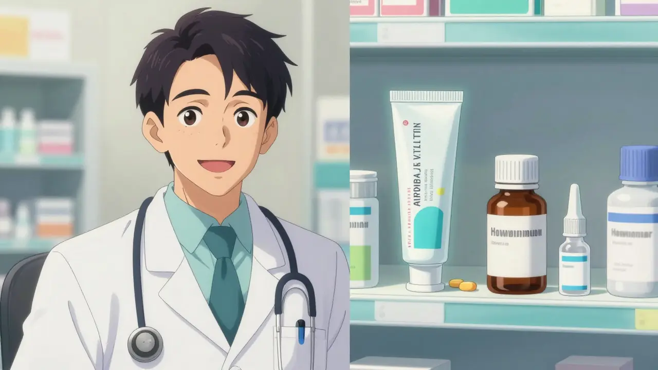 Anime style split screen showing a telehealth doctor and various diclofenac medication forms