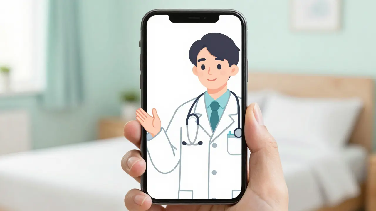 Anime style telemedicine call with a doctor on a smartphone screen.