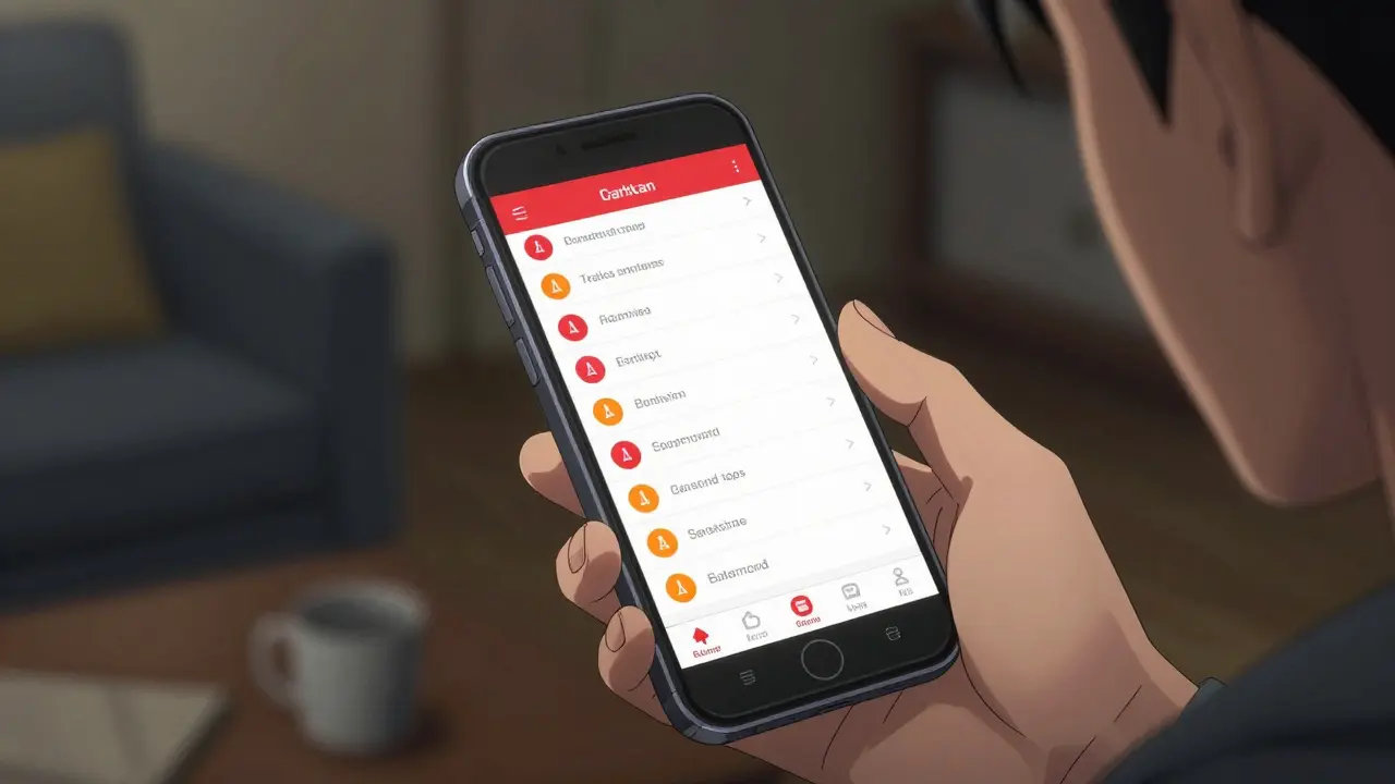 Close-up of a smartphone app showing red and orange drug interaction alerts