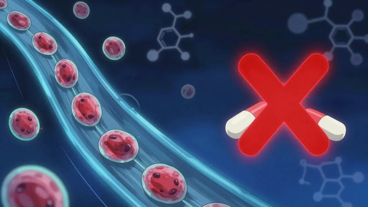 Conceptual anime art showing blood flow and a warning against doubling medication doses