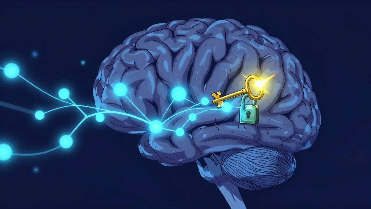 Conceptual anime illustration of a golden spark stabilizing neural receptors in the brain.