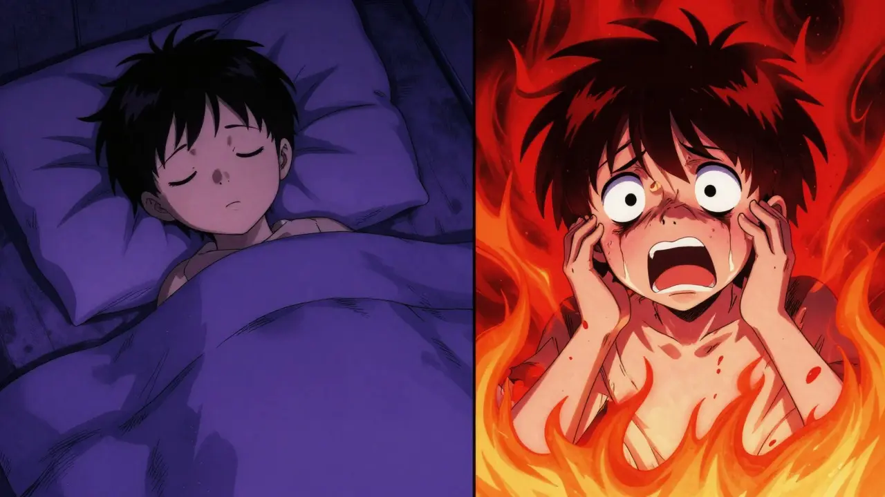 Manga style split-screen comparing a calm sleepwalker and a distressed child with a night terror