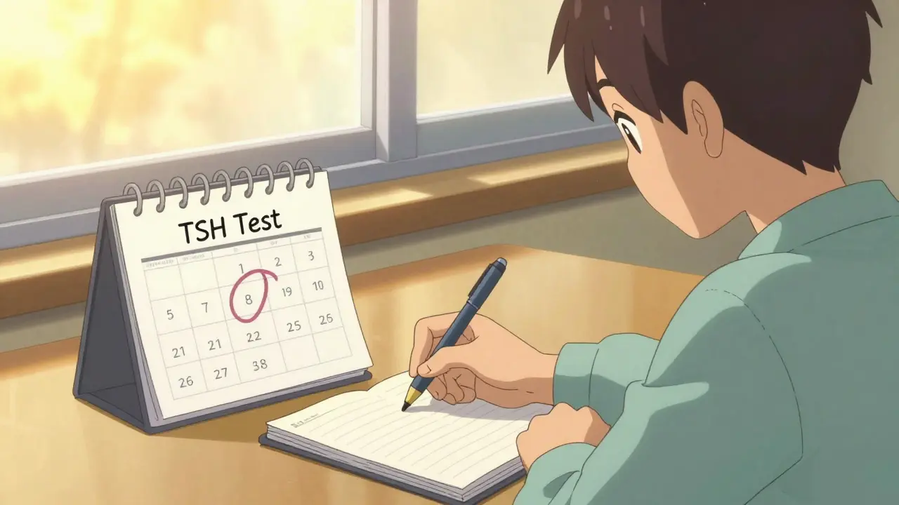 Person marking a TSH blood test date on a calendar in a sunny room