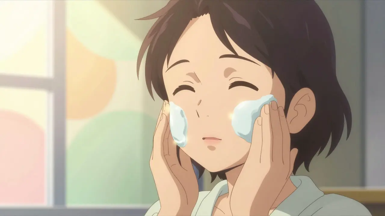 Anime character applying moisturizer with glowing barrier repair effects in soft light