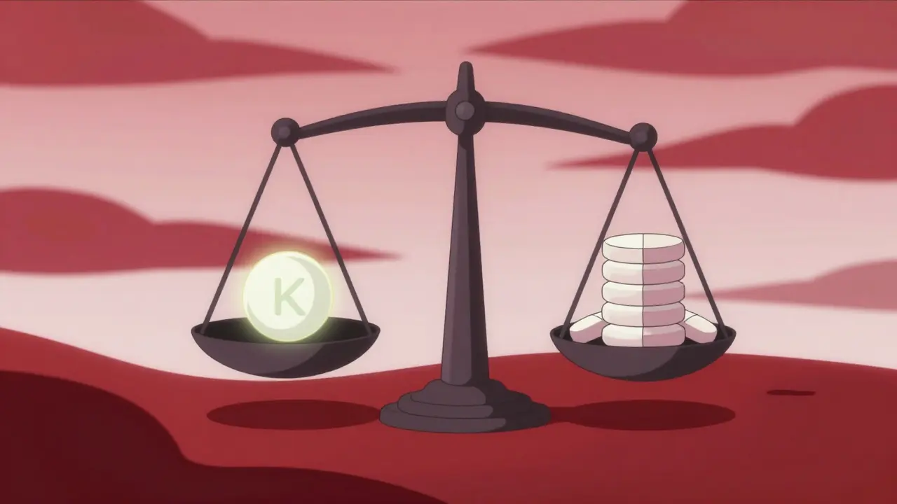 Balance scale showing stable equilibrium between vitamin K and warfarin.