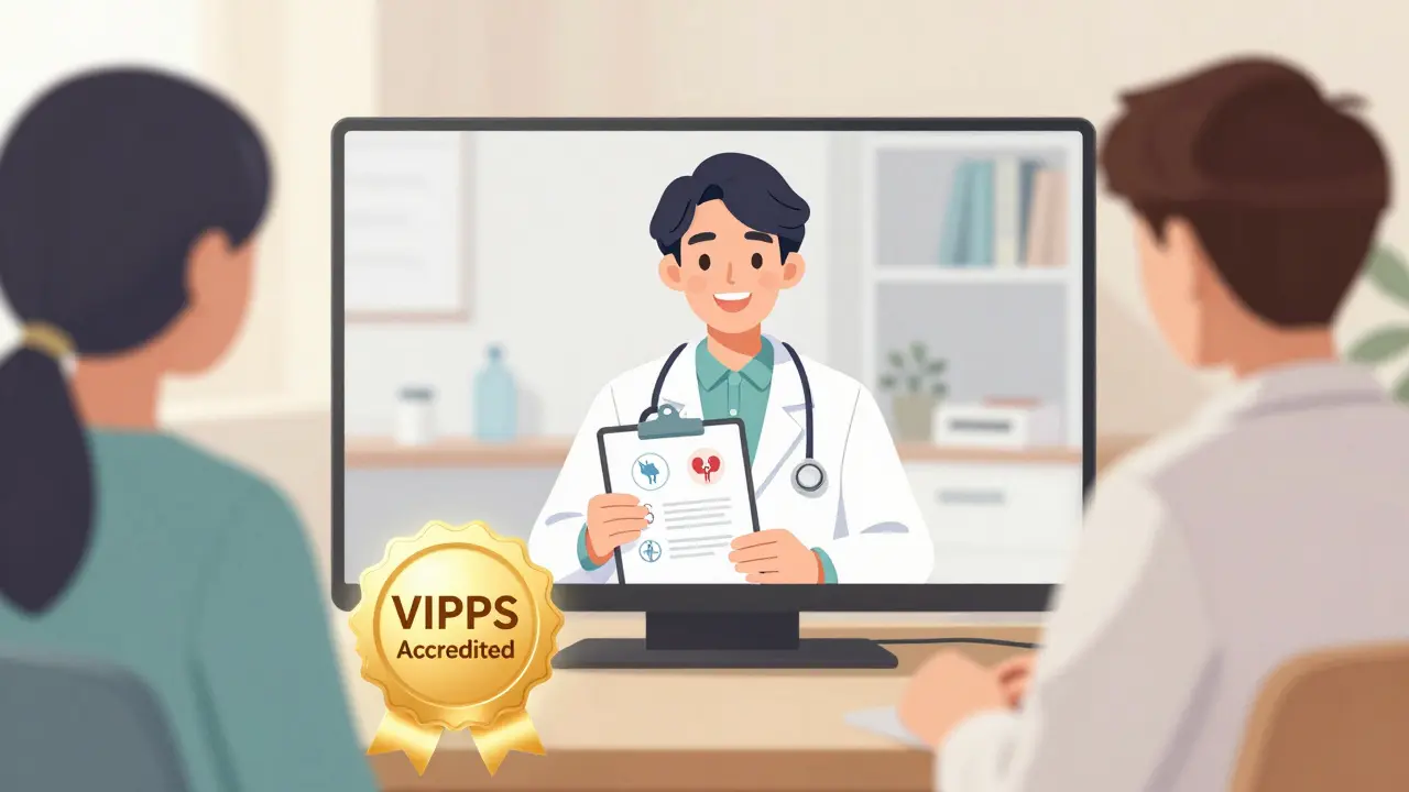 Doctor consulting with patient via video call, showing accreditation seal for safety.