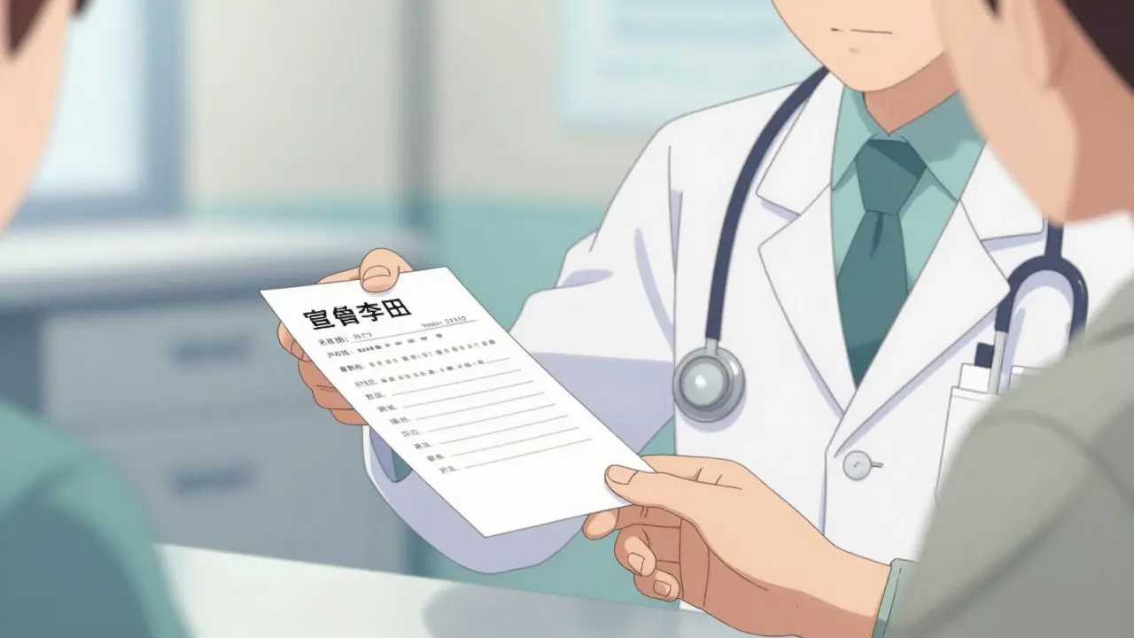 Doctor handing prescription to patient in a clinical setting.
