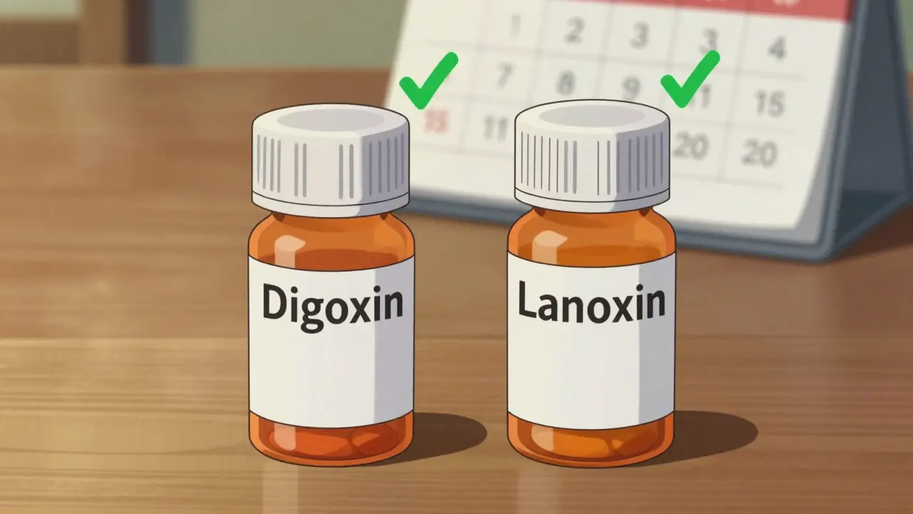 Generic and brand name digoxin bottles shown as equally safe and effective options.