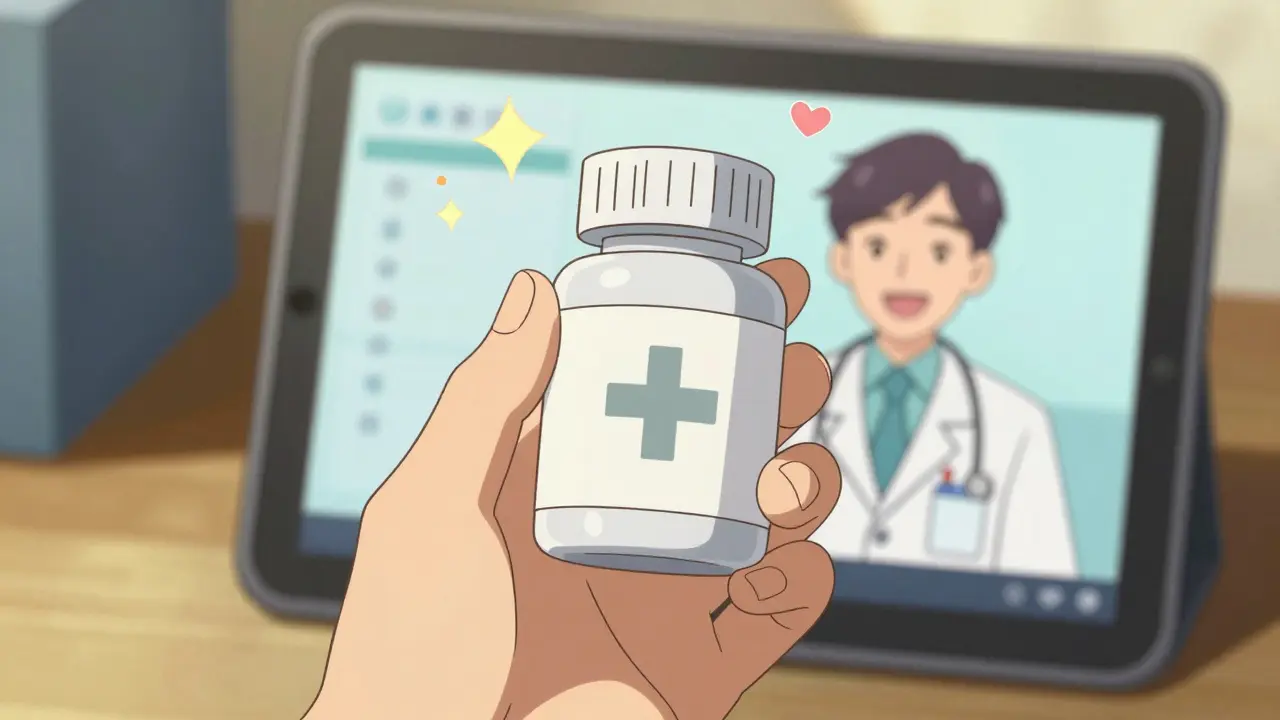 Hand holding pill bottle with telehealth doctor avatar in background, warm lighting, anime style.