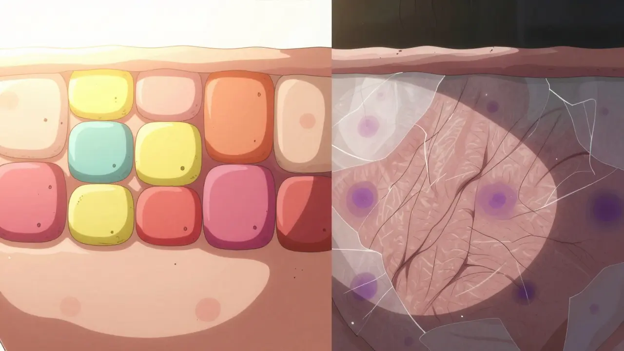 Manga style comparison of healthy thick skin versus fragile atrophic skin with purpura