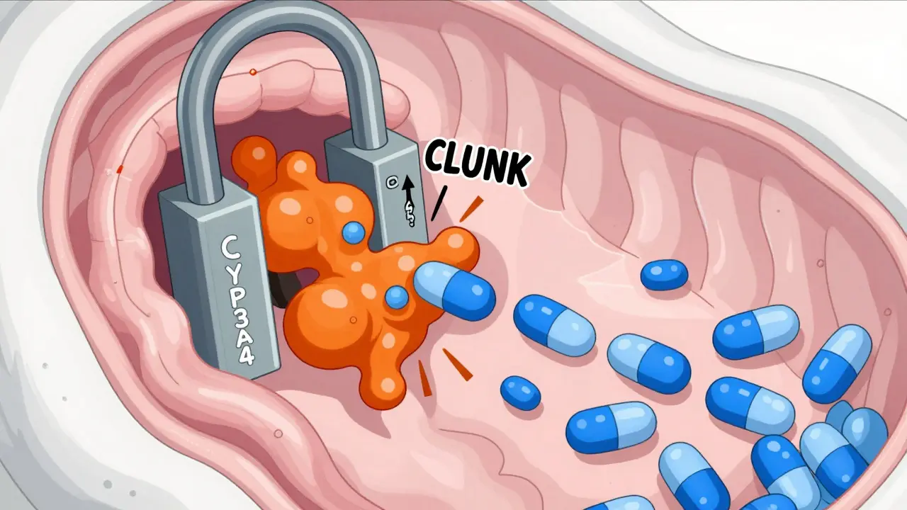 Microscopic view of enzymes being blocked by molecules in an anime illustration