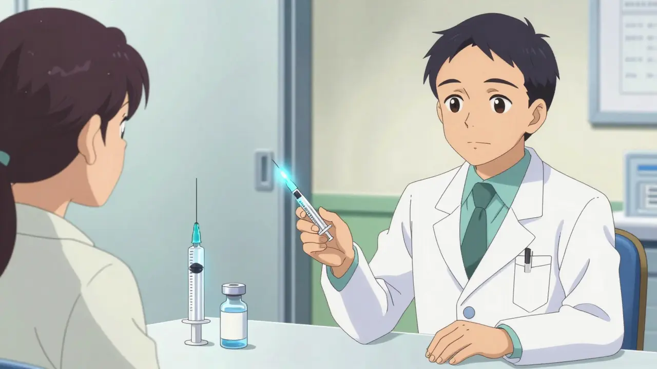 Pharmacist explaining injectable medication storage to a patient