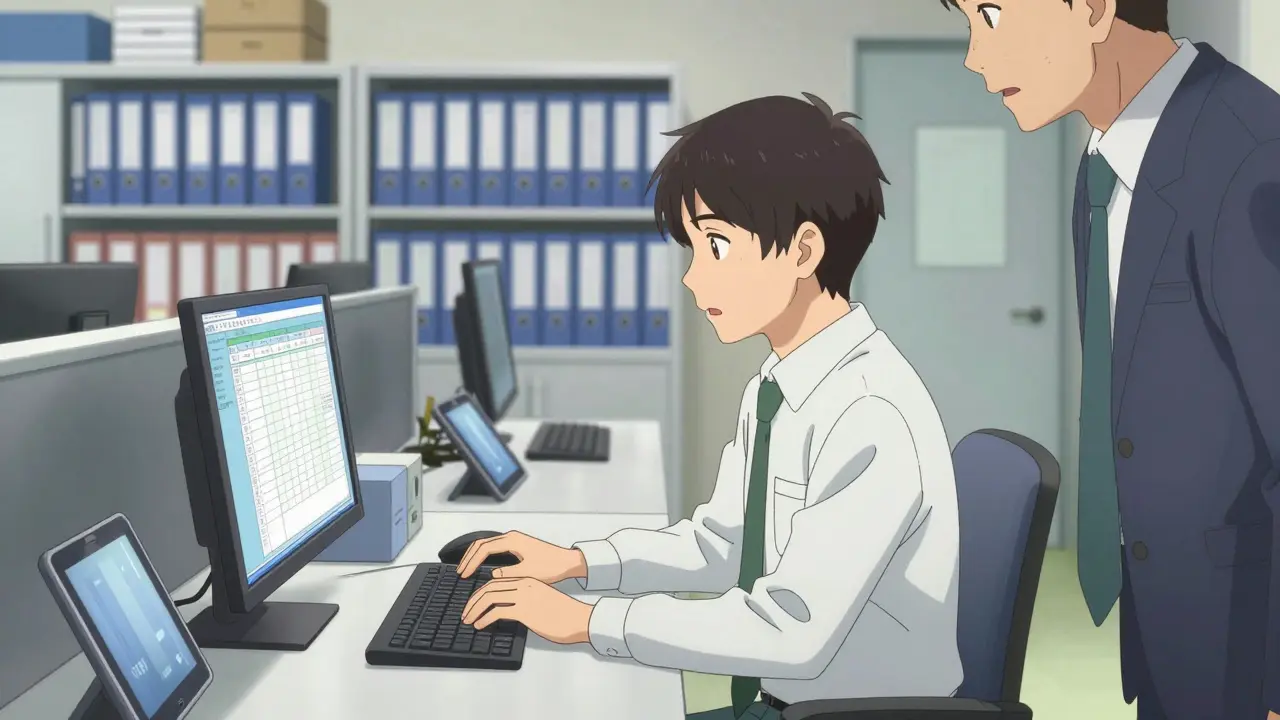 QA staff accessing digital records during an inspection in anime style