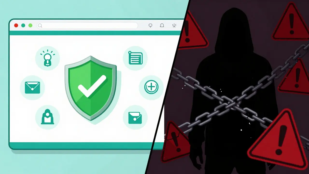 Split screen comparing safe verified pharmacy vs illegal site