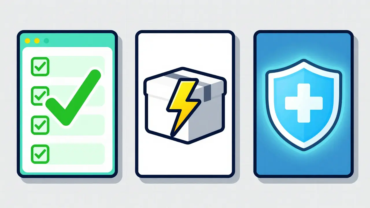 Split screen showing discount coupons, fast delivery, and safety shields in flat anime art.