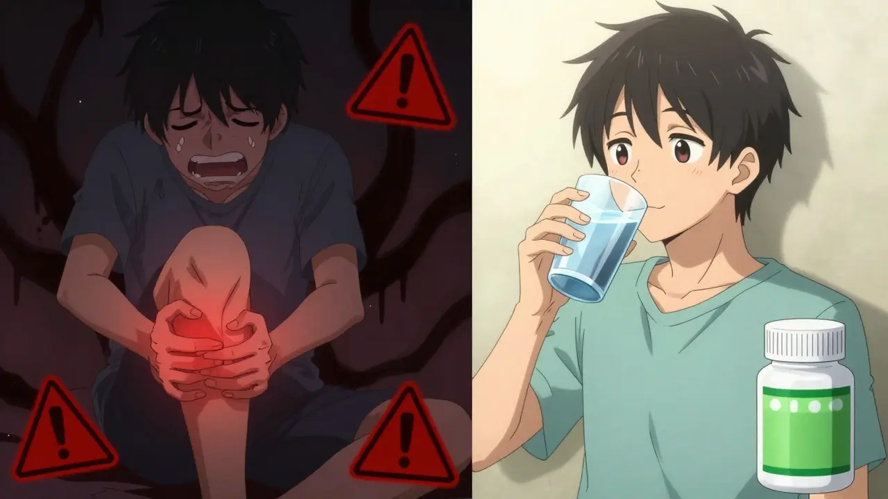 Split screen showing pain from side effects versus safety with correct meds