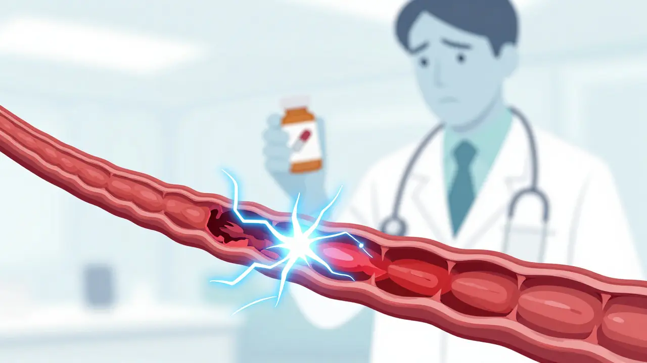 Stylized depiction of nerve damage caused by medication