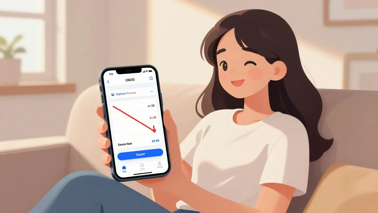 Woman checking discount prices on smartphone at home