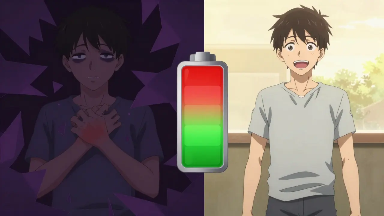 Anime character recovering from steroid withdrawal with charging battery metaphor