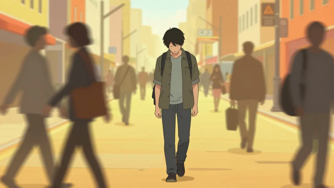 Dazed person isolated in busy city street, anime style