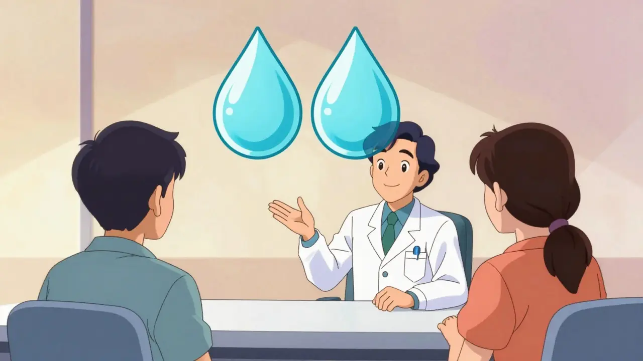 Doctor explaining bioequivalence with water drop metaphor