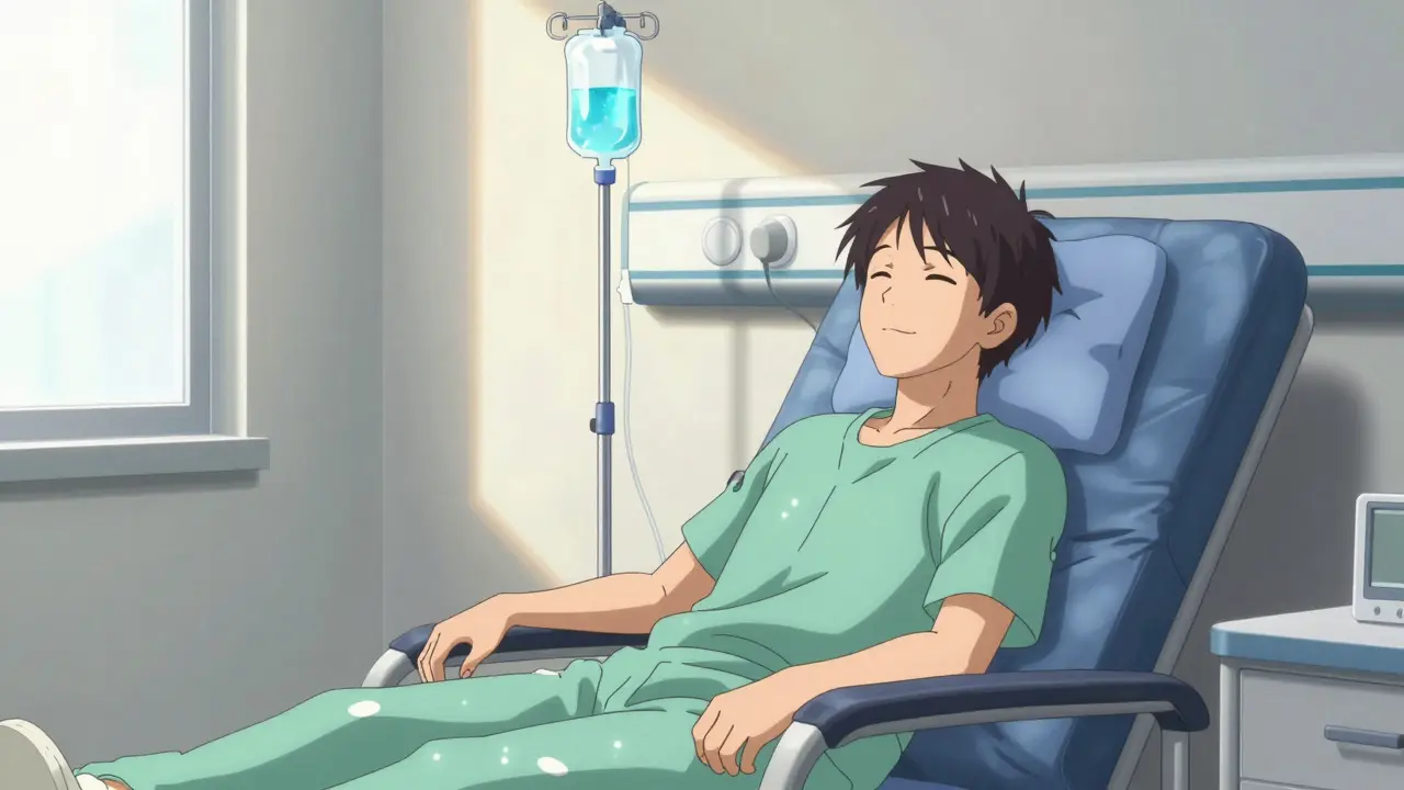 Relaxed anime patient receiving glowing IVIG infusion in clinic